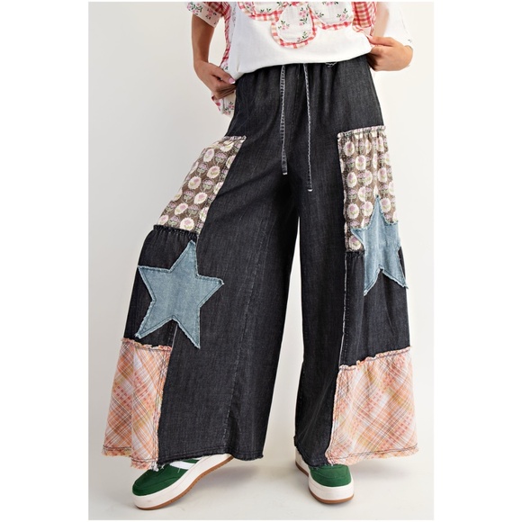 Easel Floral Plaid Print Patchwork Star Wide Leg Denim Jean Pants